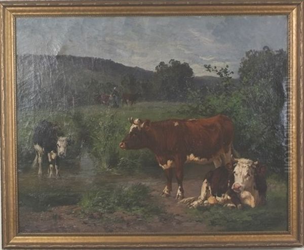 Pastoral Landscape With Cows Oil Painting by Aymar Pezant