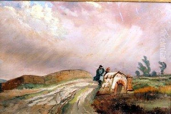 Figures Crossing A Stone Bridge On A Windy Day Oil Painting by Henry Boddington