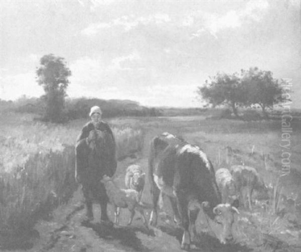 Eine Bauerin Mit Kuhen Und Schafen Auf Einem Feldweg Oil Painting by Aymar Pezant