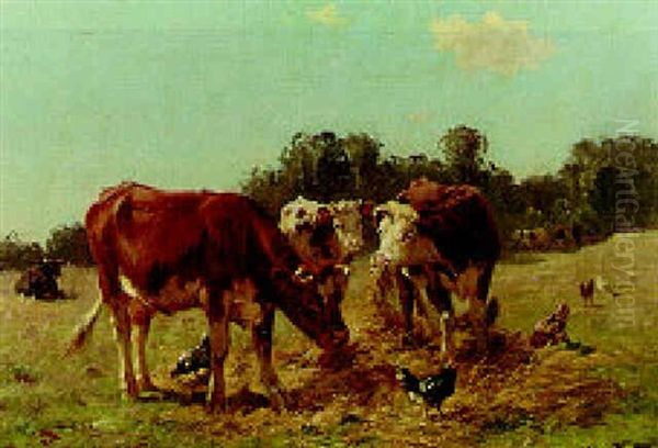 Cattle Feeding In A Meadow Oil Painting by Aymar Pezant