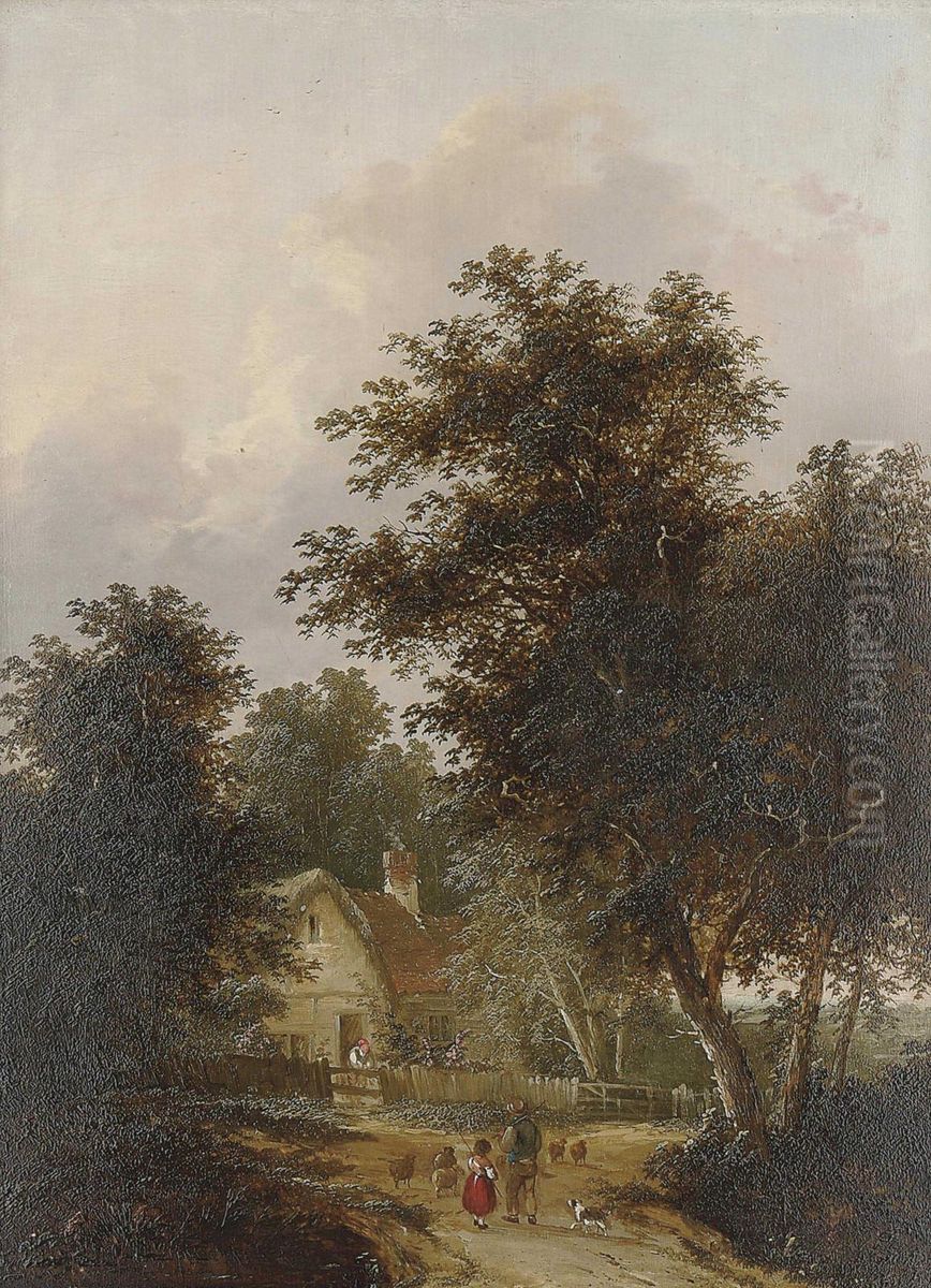 Figures Outside A Cottage; And Driving Home The Sheep Oil Painting by Henry John Boddington
