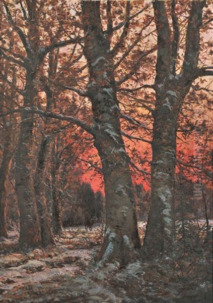 Snowy Woods At Sunset With Grazing Deer Oil Painting by William Preston Phelps