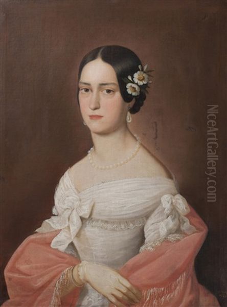 Portrait Of A Young Lady In A White Dress Oil Painting by Carl Ludwig Philippot