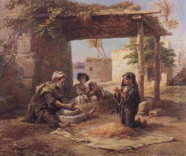 Grinding The Meal Oil Painting by Paul Dominique Philippoteaux