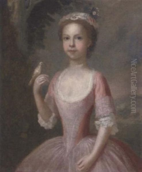 Portrait Of A Girl In A Pink And White Dress, Holding A Bird, In A Landscape Oil Painting by Charles Philips