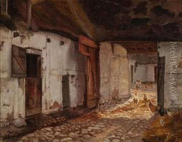 Farm Yard Exterior With Chickens Oil Painting by Theodor Esbern Philipsen