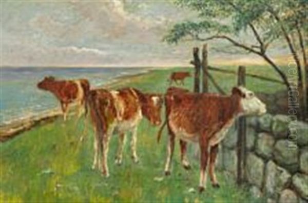 Calves Grazing On Saltholm Oil Painting by Theodor Esbern Philipsen