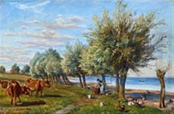 A Girl Is Washing Clothes Under The Willow Trees, Grazing Cows On The Field Oil Painting by Theodor Esbern Philipsen