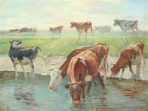 Calves And Cows At The Watering Place, Saltholm In Sunlight Oil Painting by Theodor Esbern Philipsen