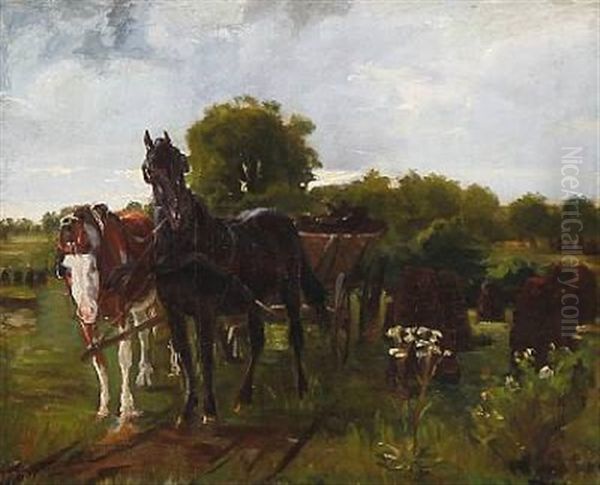 To Heste Forspaendt En Torvogn I En Mose Ved Vester Egede Oil Painting by Theodor Esbern Philipsen