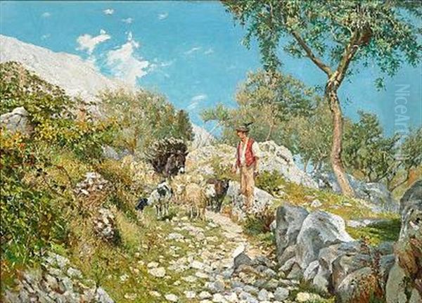 Bjergvej Ved Sora. Hyrde, Far, Aesel Og Ged Ved Vejen Oil Painting by Theodor Esbern Philipsen