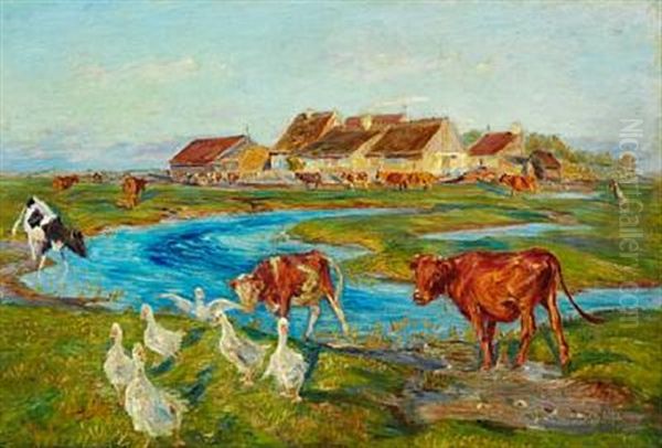 Hjemad Til Malkning. Aften. I Baggr. Nyvaerk Pa Saltholm Oil Painting by Theodor Esbern Philipsen