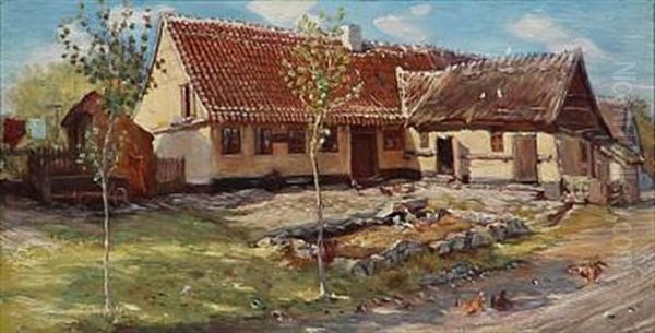 Chicken In Front Of A Farmhouse (in Rorvig?) Oil Painting by Theodor Esbern Philipsen