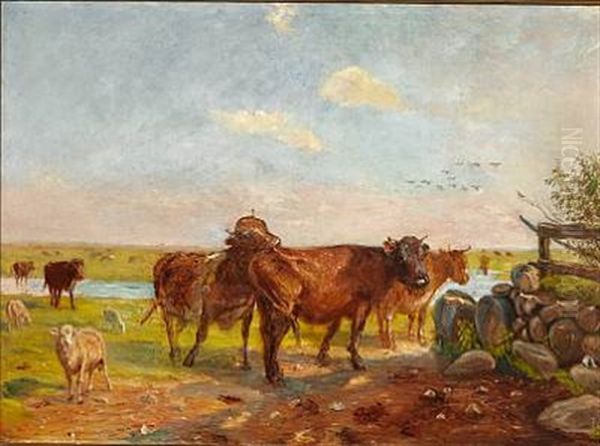 Kvaeg Pa Vanderens Vaenge - Saltholm Oil Painting by Theodor Esbern Philipsen