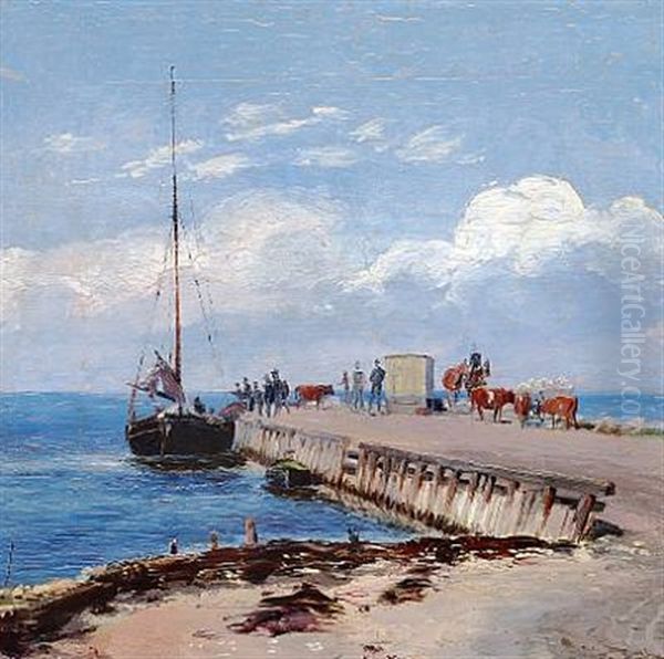 Brakkebroen Paa Saltholmen - Udskibning Af Kreaturer (brakkebroen Landing Stage On Saltholm) Oil Painting by Theodor Esbern Philipsen