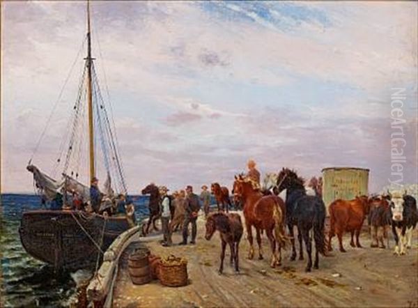 Indskibning Af Kreaturer Fra Saltholm Pa Brakkebroen Oil Painting by Theodor Esbern Philipsen