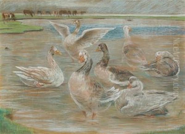 Geese And Cows At The Watering Place Oil Painting by Theodor Esbern Philipsen