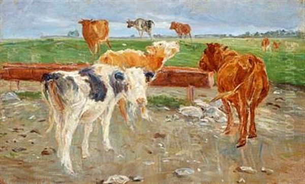 Cows Near The Well At Gammelgaard, Saltholm Oil Painting by Theodor Esbern Philipsen