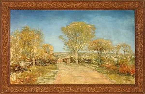 Shepherd Boy With Cows On A Gravel Road (study) Oil Painting by Theodor Esbern Philipsen