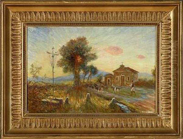 Italian Landscape With Shepherds And Their Donkeys Oil Painting by Theodor Esbern Philipsen