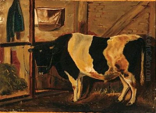 Black-and-white Bull In The Stables Oil Painting by Theodor Esbern Philipsen