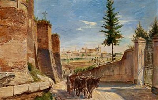 Bag Roms Mure Seet Fra Via Latina Ud Imod Lateran Kirken Oil Painting by Theodor Esbern Philipsen