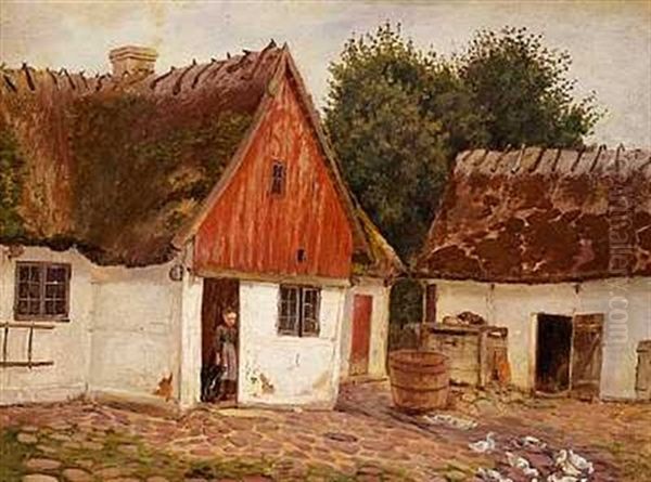 Strataekt Bondegard Med En Bondepige I Dorabningen Oil Painting by Theodor Esbern Philipsen