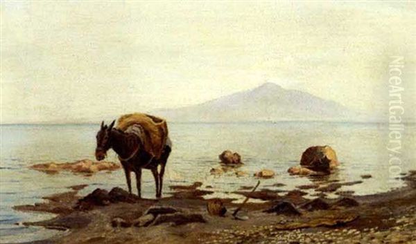 Stranden Ved Sorrent. Et Muldaesel I Strandkanten Oil Painting by Theodor Esbern Philipsen