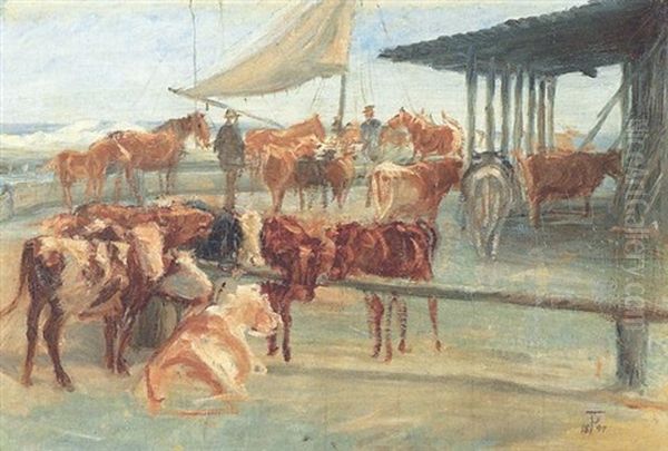 Koer, Kalve Og Heste Ved Laeskur Pa Saltholmen Oil Painting by Theodor Esbern Philipsen