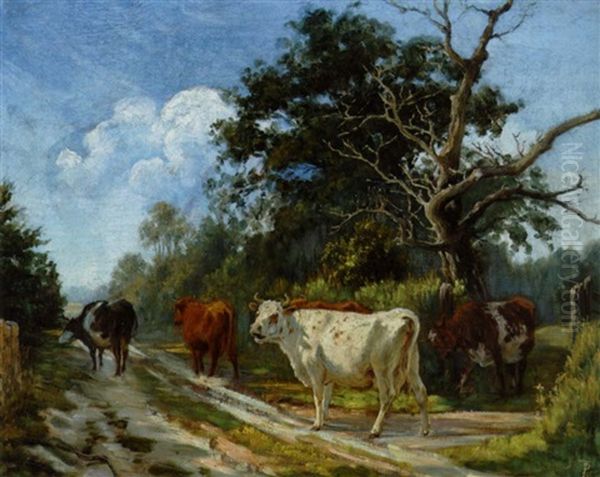 Fire Koer Pa En Skovvej Oil Painting by Theodor Esbern Philipsen