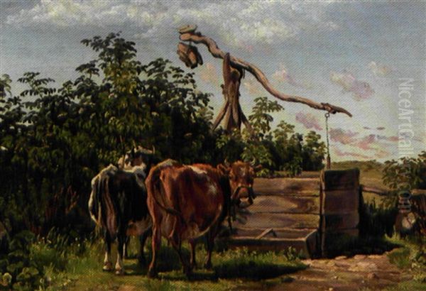 Et Par Koer Ved En Vippebrond Oil Painting by Theodor Esbern Philipsen
