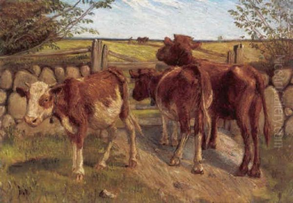 Tre Koer Ved Et Led Oil Painting by Theodor Esbern Philipsen
