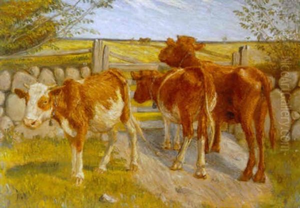 Kalve Ved Et Stengaerde, I Baggrunden Bonde, Der Plojer Oil Painting by Theodor Esbern Philipsen