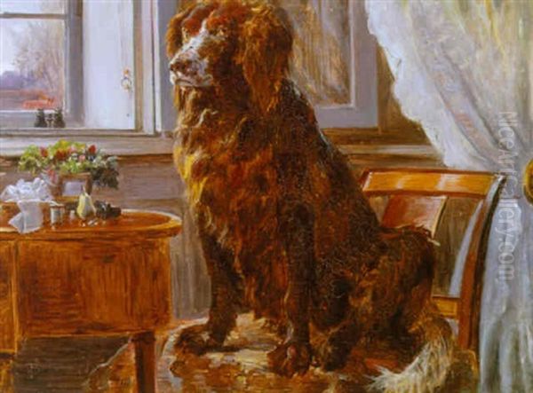 Interior Med Kunstnerens Hund Siddende Pa En Stol Ved Et Vindue Oil Painting by Theodor Esbern Philipsen