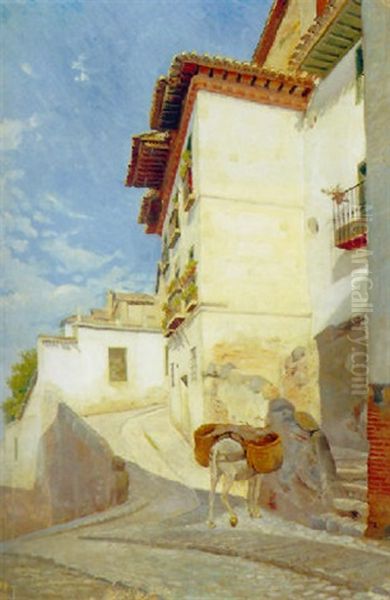 Gadeparti Fra Granada, Med Pakaesel Og Hvide Huse I Sol Oil Painting by Theodor Esbern Philipsen