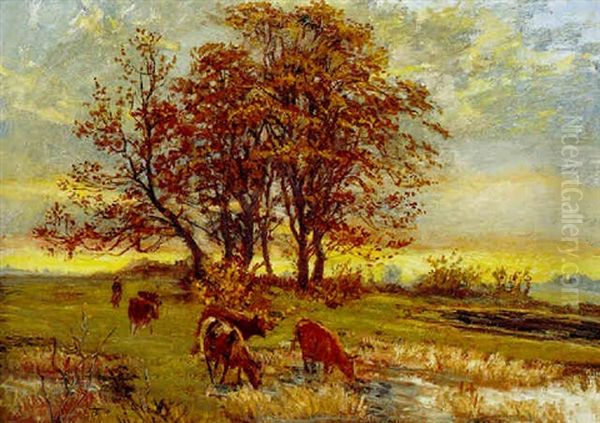 Svendstrup Mark Ved Borup, Efterarslandskab Med Kreaturer Oil Painting by Theodor Esbern Philipsen