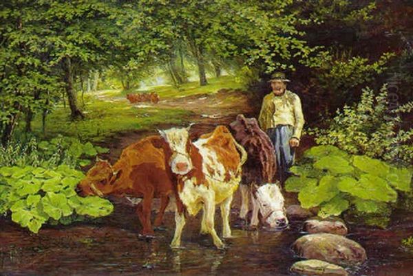 Mand Der Vander Sine Koer I Et Vandhul I Skoven Oil Painting by Theodor Esbern Philipsen