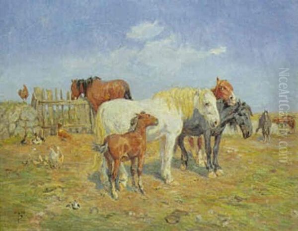 Heste Ved Vanderens Vaenge Oil Painting by Theodor Esbern Philipsen