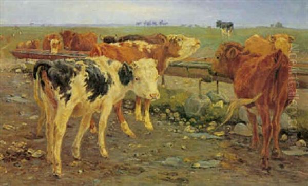 Kalve Ved Gammelgards Brond Oil Painting by Theodor Esbern Philipsen