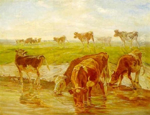 Landskab Med Koer Ved Et Vandhul Oil Painting by Theodor Esbern Philipsen