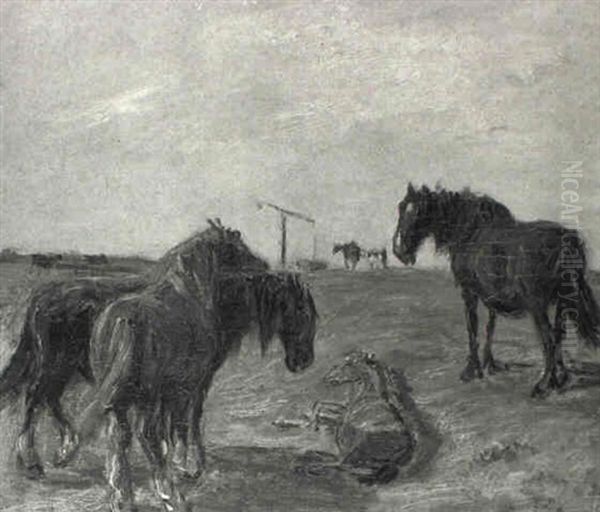 En Gruppe Heste Ved Gammelg+rds Br+nd, Saltholm Oil Painting by Theodor Esbern Philipsen