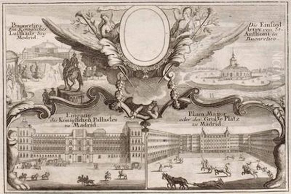 4 Kupferstich-ansichten Von Madrid Auf Einem Blatt Mit Allegorie: Buonretiro Oil Painting by Gabriel Bodenehr