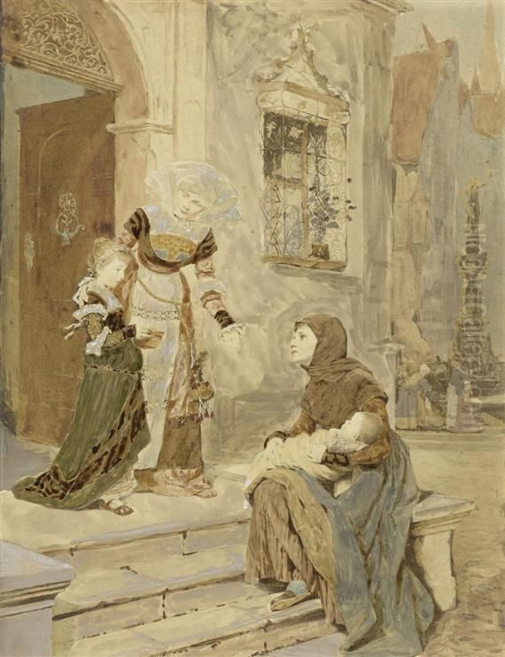 The GiftOf Charity On Leaving The Church Oil Painting by Friedrich Bodenmuller