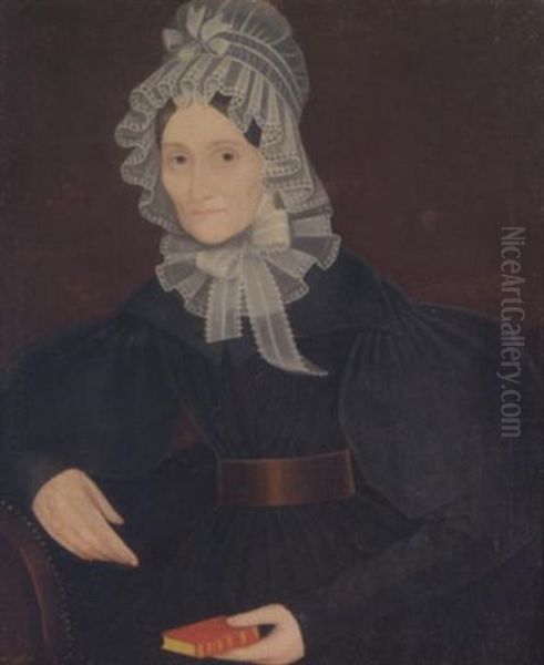 A Portrait Of A Lady Wearing An Elaborate Lace Bonnet And Matching Collar, And Holding A Red Bible Oil Painting by Ammi Phillips