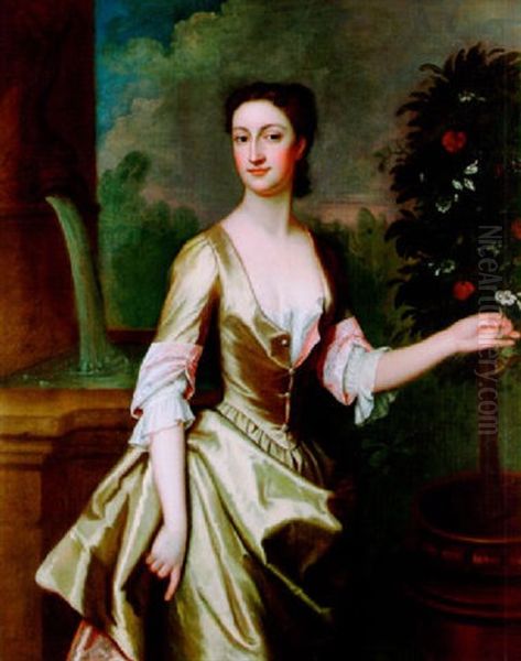 Portrait Of A Lady Standing By A Fountain In A Landscape, Holding A Sprig Of Orange Blossom Oil Painting by Richard Phillips