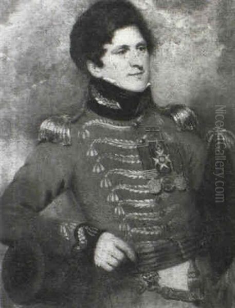 Portrait Of A Staff Officer, Possibly Of An Indian Staff    Corps Standing Half Length, His Right Arm Resting On A Oil Painting by Thomas Phillips