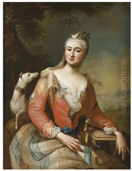 Portrait De Jeune Femme Avec Un Chien Sur Fond De Paysage Oil Painting by Giovanni Maria delle, called Mulinaretto Piane