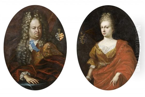 Portrait De Gentilhomme En Buste Et Portrait De Dame En Buste, Representes Avec Leurs Armoireries (pair) Oil Painting by Giovanni Maria delle, called Mulinaretto Piane