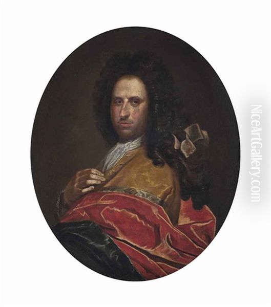 Portrait Of A Gentleman, Half-length, In An Ochre And Red Wrap Oil Painting by Giovanni Maria delle, called Mulinaretto Piane