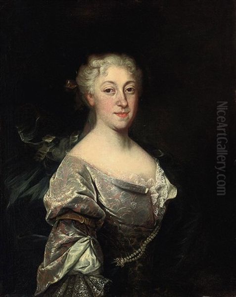 Portrait Of A Lady In A Red And Grey Embroidered Dress With Lace And Pearl Ornaments Oil Painting by Giovanni Maria delle, called Mulinaretto Piane